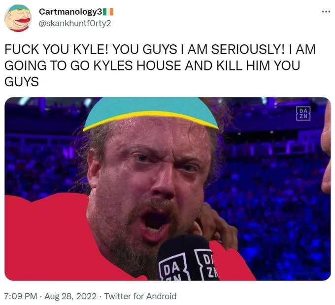 Sam Hyde The Candyman — Twitter meme post featuring Sam Hyde in blue and yellow cap with intense expression and humorous threat text about killing Kyle at his