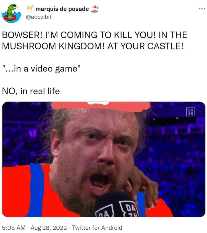 Sam Hyde The Candyman — Twitter meme featuring Sam Hyde with humorous threat shifting from Mario-themed setup to real-life punchline with video game references.