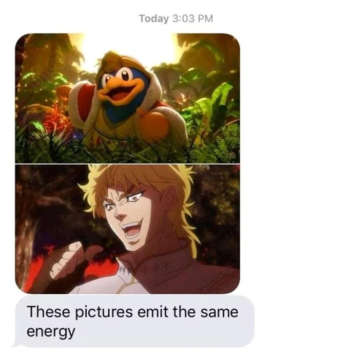 Two anime character group images stacked vertically with Same Energy text comparing similar character dynamics.