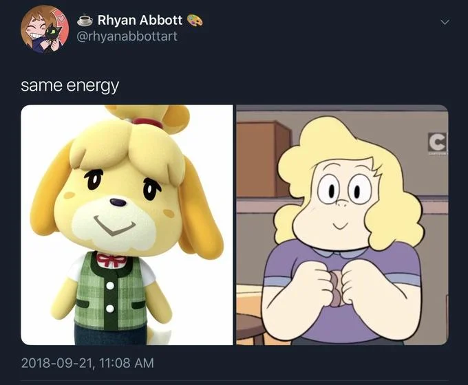 Same Energy — Two-panel comparison of bird character from animated series and anime character with caption stating identical energy.