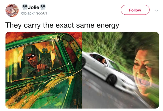 Same Energy — Social media screenshot comparing masked figure in green vehicle and person driving showing similar energies and expressions.