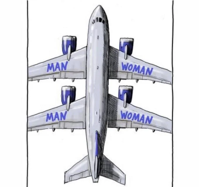 Same Sex Marriage Just Won't Fly — Edited cartoon plane with four wings labeled MAN, WOMAN, MAN, WOMAN stacked in two rows.