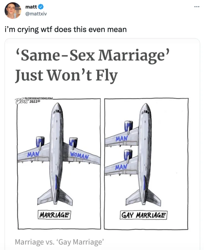 Same Sex Marriage Just Won't Fly — Tweet from matt @mattxiv reacting to the Pat Cross cartoon with the headline Same-Sex Marriage Just Won't Fly.