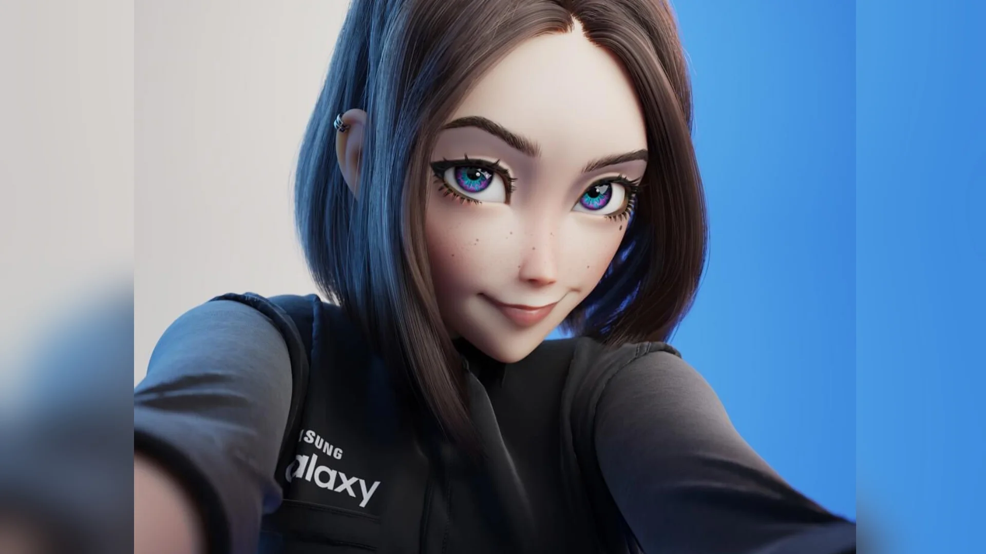 Close-up of Samsung Sam smiling in a black Samsung Galaxy jacket