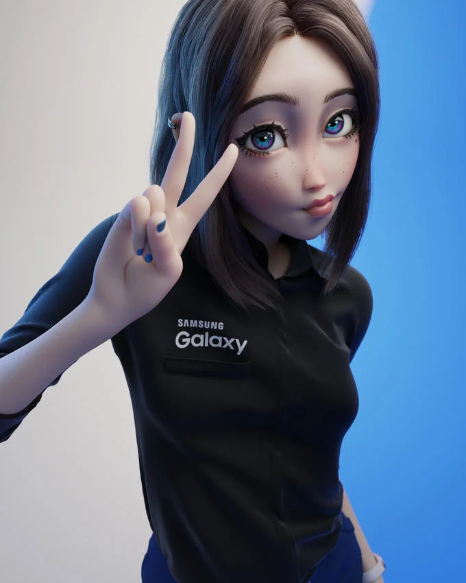 Samsung Sam making a peace sign in a Samsung Galaxy shirt