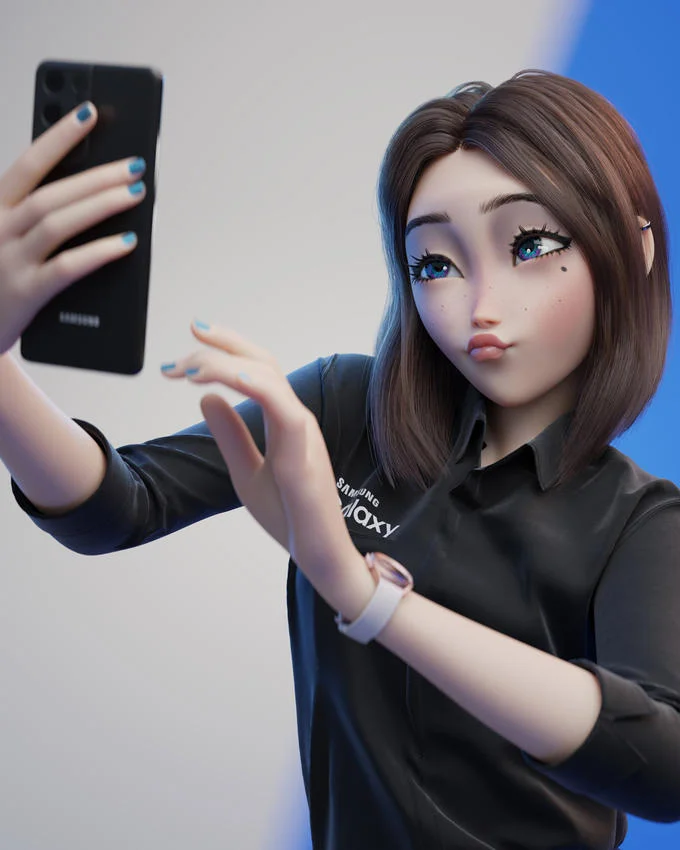 Samsung Sam taking a selfie with a Samsung Galaxy phone