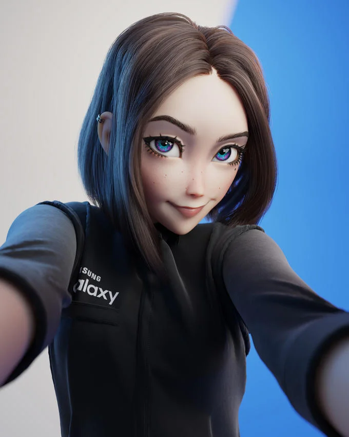 Samsung Sam taking a selfie in a black Samsung Galaxy jacket