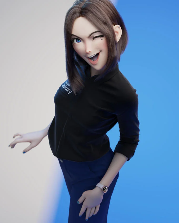 Samsung Sam winking and laughing in Samsung Galaxy outfit