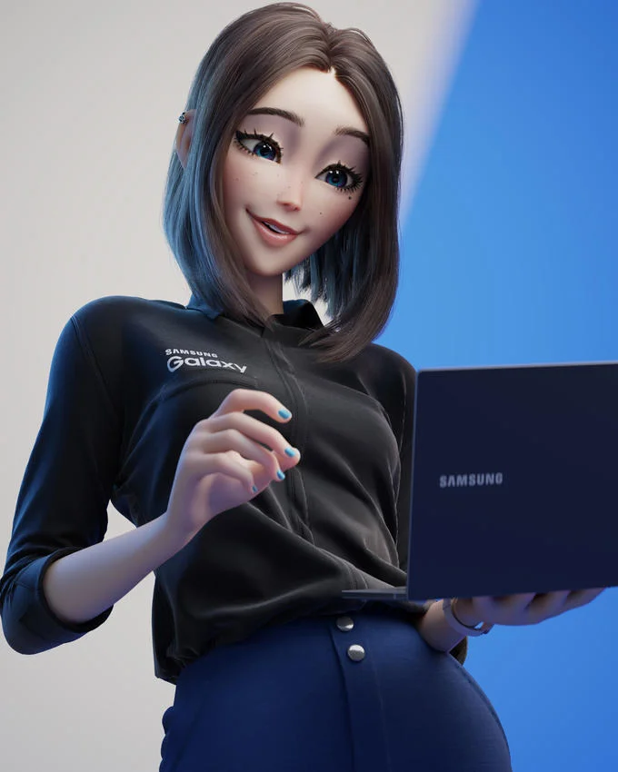 Samsung Sam holding a Samsung laptop