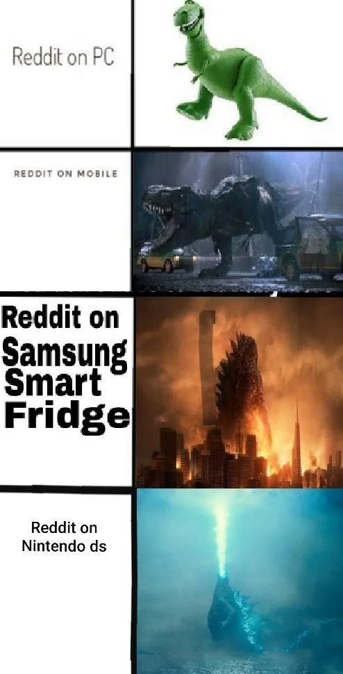 Samsung Smart Fridges — Four-panel dinosaur power-scaling meme with Reddit on PC, mobile, Samsung Smart Fridge, and Nintendo DS