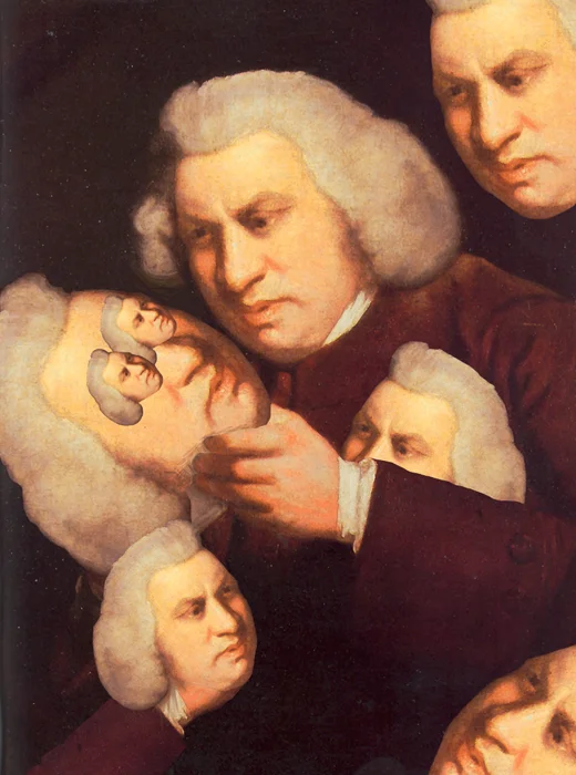 Samuel Johnson Reading — Tiny low-resolution collage of Samuel Johnson portraits.