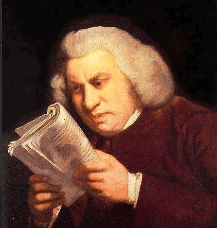 Samuel Johnson Reading — Joshua Reynolds portrait of Samuel Johnson squinting at a book held close to his face.