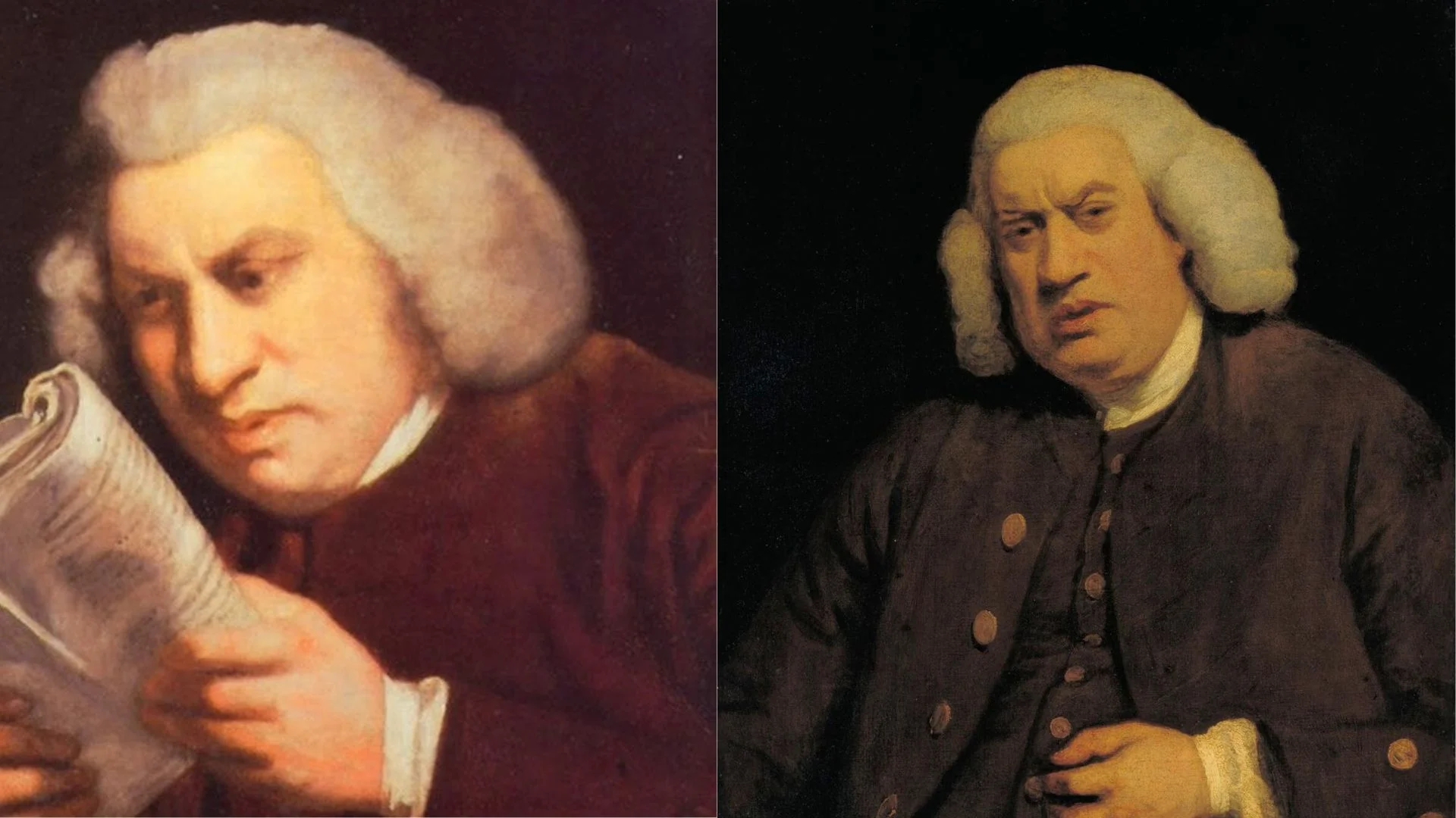 Samuel Johnson Reading — Two Joshua Reynolds portraits of Samuel Johnson side by side, one reading a book and one looking puzzled.