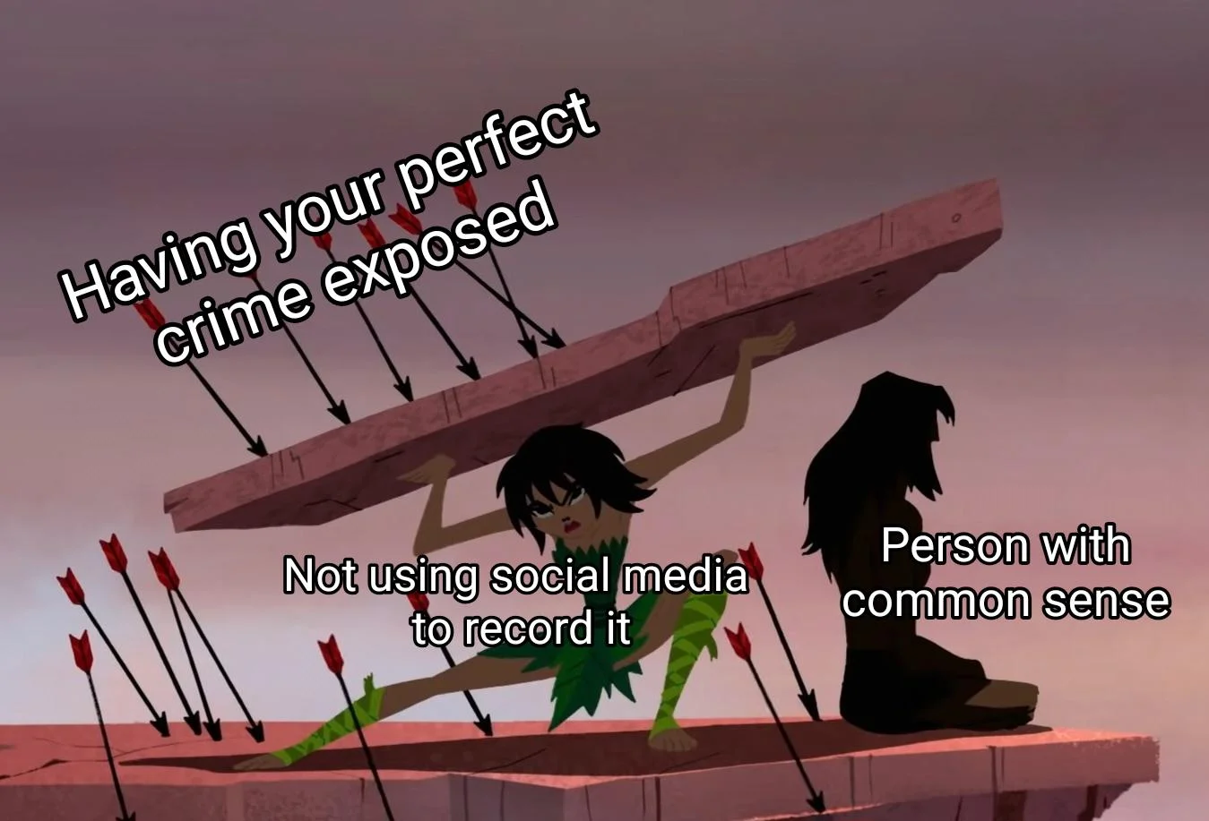 Samurai Jack meme with Ashi shielding a person from arrows labeled with crime exposure joke