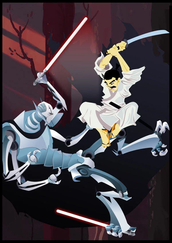 Samurai Jack fighting robotic spider enemies with lightsabers in fan art