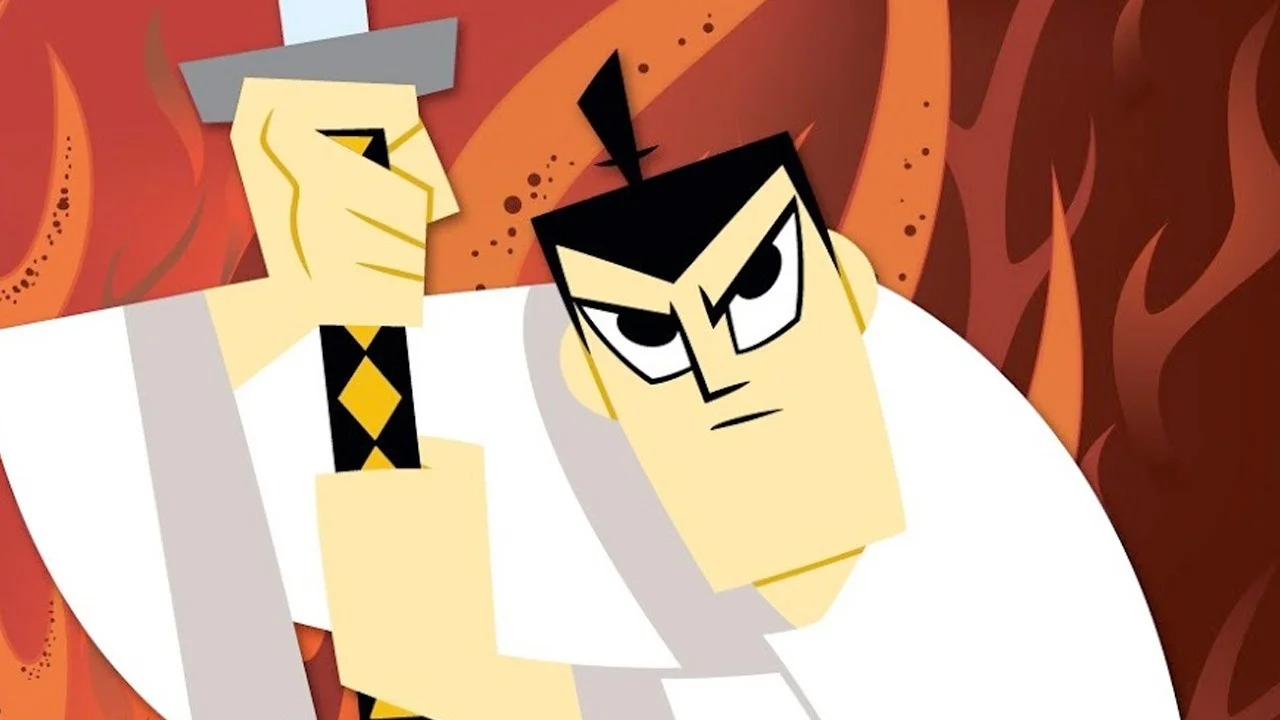 Samurai Jack raising his katana against a flaming red background