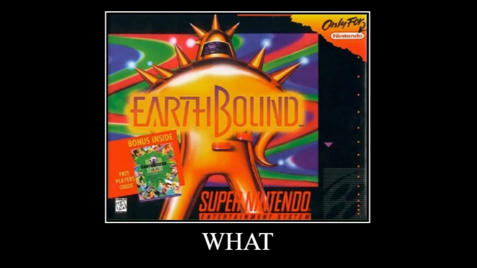 Sanctuary Guardian — EarthBound SNES box art showing a spiked orange creature with the caption 'WHAT' below it in demotivational poster format