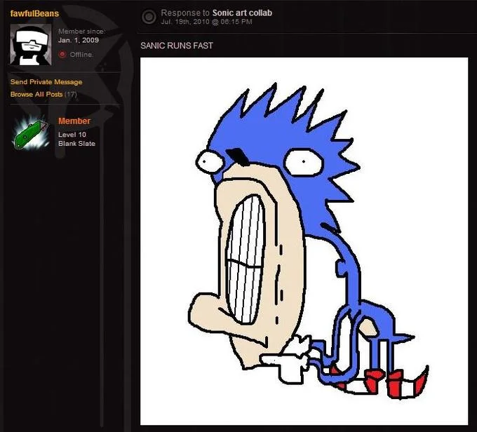 Sanic Hegehog — Forum screenshot of user fawfulBeans posting a crude Sanic drawing captioned 'SANIC RUNS FAST'