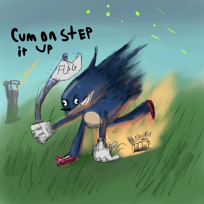 Sanic Hegehog — Detailed digital painting of Sanic running through grass with 'Cum on step it up' text