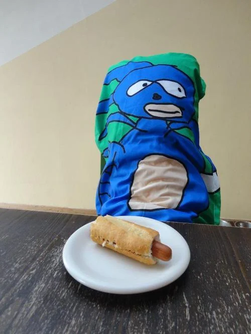 Sanic Hegehog plush pillow sitting at a table with a hot dog on a plate