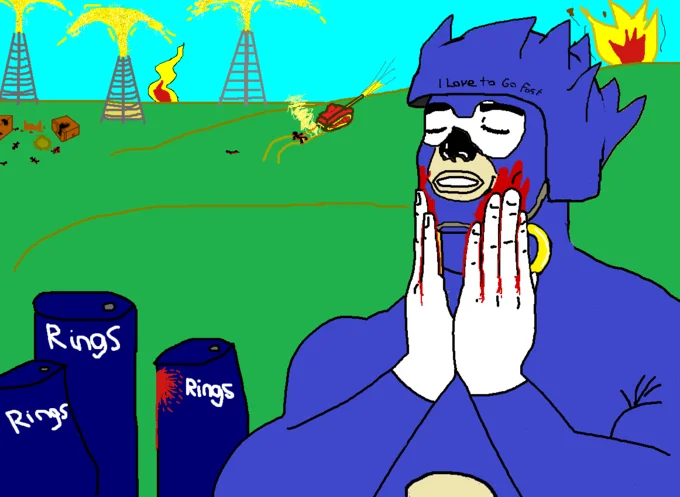 Sanic Hegehog — Grim illustration of a bloodied Sanic covering his face amid oil derricks and 'Rings' barrels