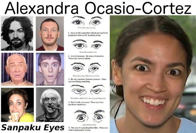 Meme labeling Alexandria Ocasio-Cortez as having sanpaku eyes next to the killers collage