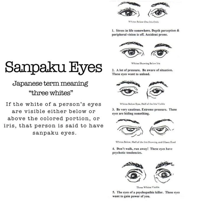 Sanpaku Eyes definition graphic with five illustrated eye variations
