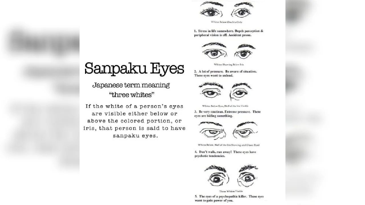 Sanpaku Eyes explainer infographic with five eye diagrams and definition text