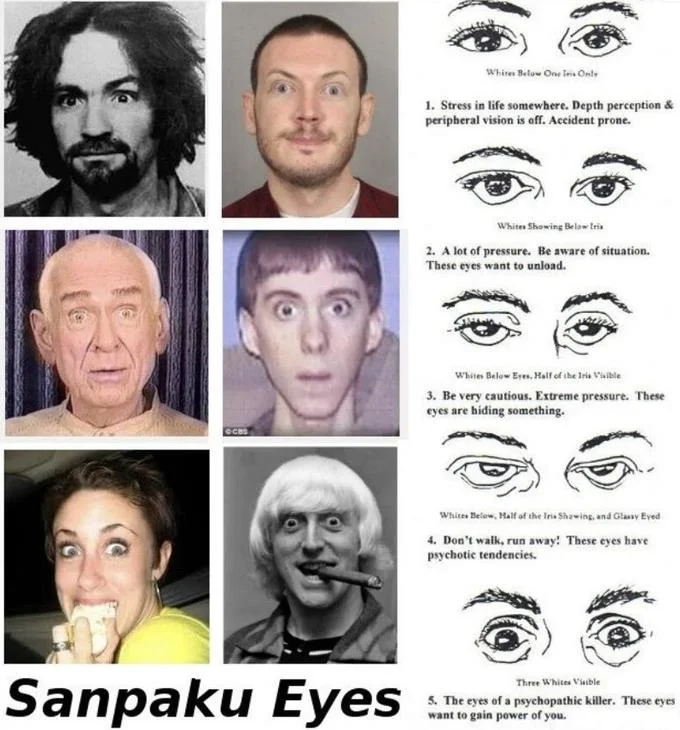 Collage of infamous criminals paired with the Sanpaku Eyes explainer chart