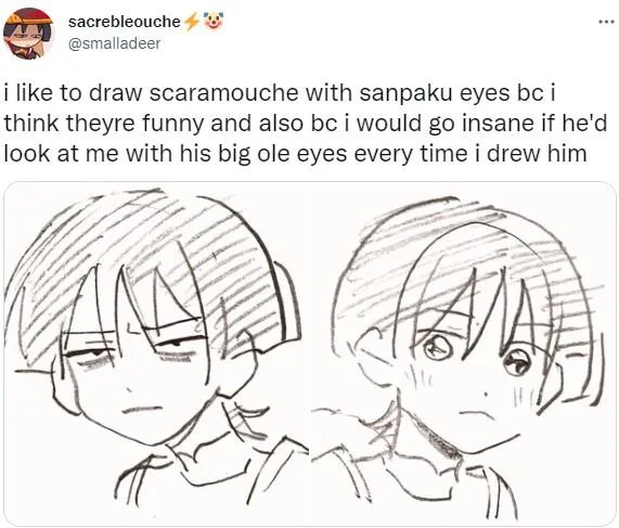 Tweet with two hand-drawn Scaramouche sketches comparing sanpaku eyes to normal eyes