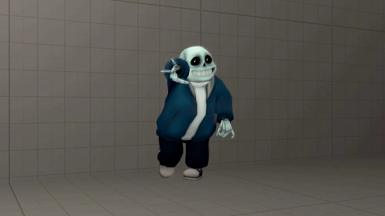 Sans Fortnite Dance — 3D model of Sans the skeleton from Undertale in a blue hoodie posed mid-dance in a grey tiled room