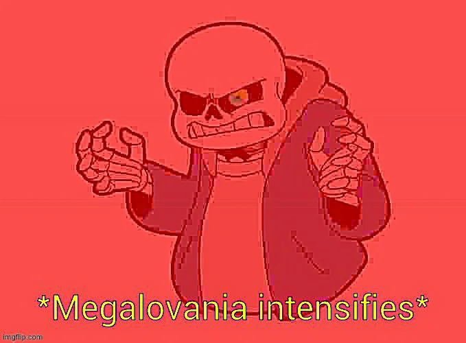 Sans / Megalovania — Simplified outline-style Sans drawn in red and maroon against solid red background with menacing spread arms posture and Megalovania text.