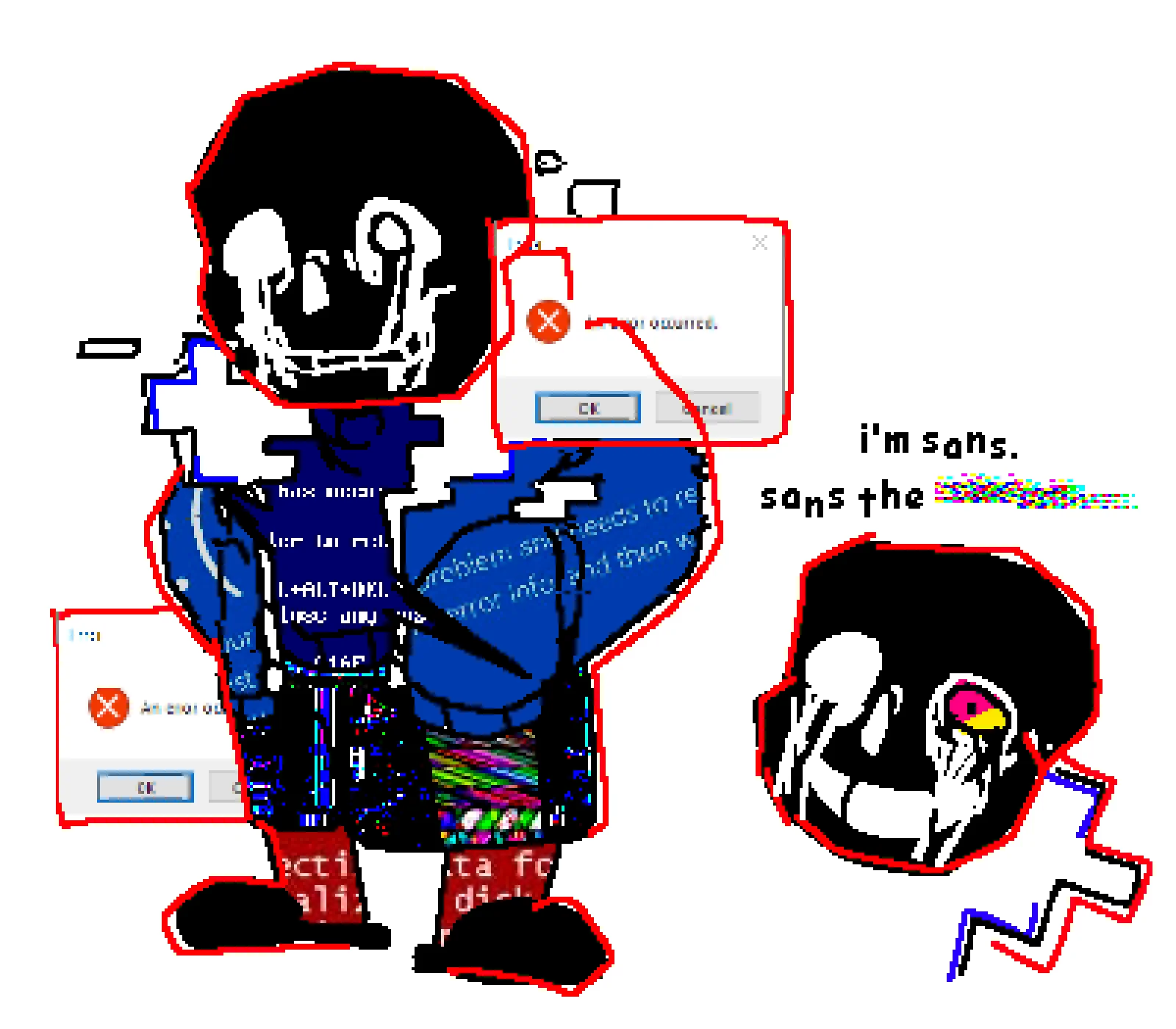 Glitched corrupted Sans image with Windows error popups and static