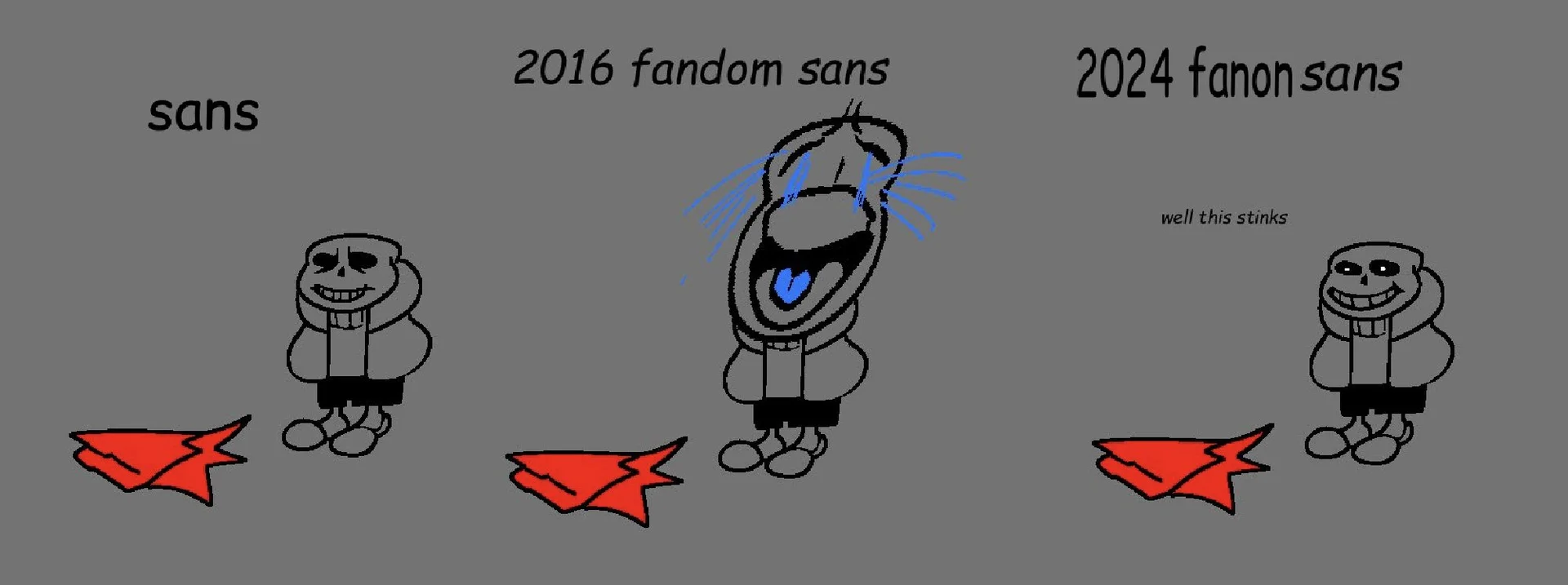 Comparison meme showing sans, 2016 fandom sans, and 2024 fanon sans versions