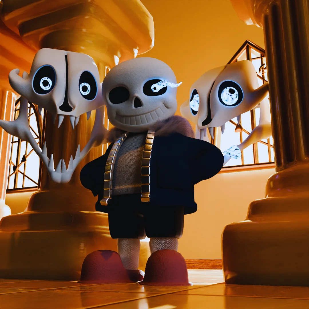 3D render of Sans with two Gaster Blaster skulls in an orange hallway