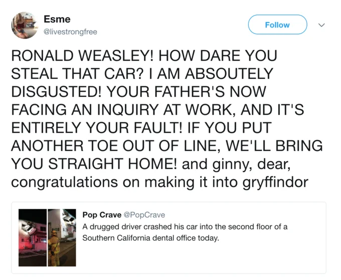 Santa Ana Second Floor Car Crash — Tweet from @livestrongfree using Molly Weasley Harry Potter scolding monologue as response to the Santa Ana crash with