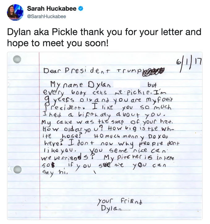 Sarah Huckabee Sanders — Sarah Huckabee tweet showing handwritten letter from 9-year-old Dylan aka Pickle to President Trump