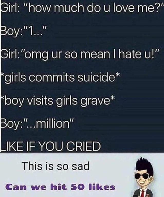 This Is So Sad Alexa Play Despacito — Chain meme ending with 'This is so sad, can we hit 50 likes' and a cartoon man