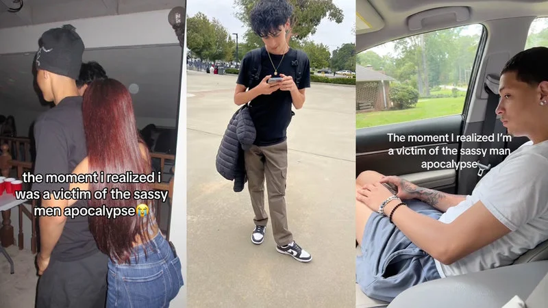 Sassy Man Apocalypse — Three-panel TikTok collage showing young men with text 'the moment i realized i was a victim of the sassy men apocalypse' with middle