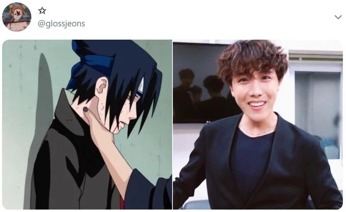 Sasuke Choke Edits — Split image of Sasuke being choked next to a smiling photo of BTS's J-Hope