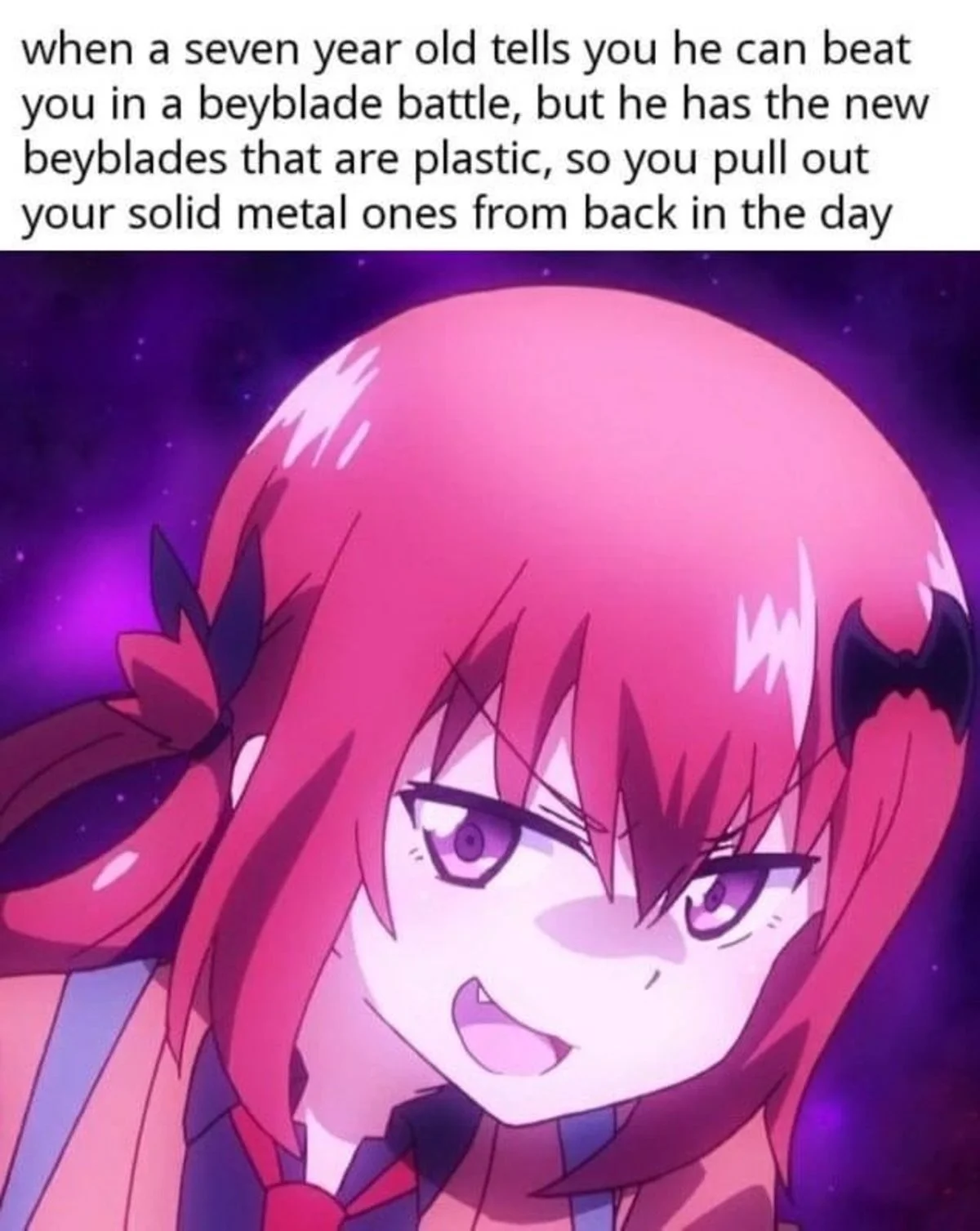 Bald edit of Satania with a Beyblade joke caption