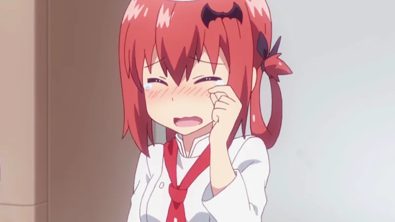 Satania from Gabriel DropOut crying and blushing while wiping her eye