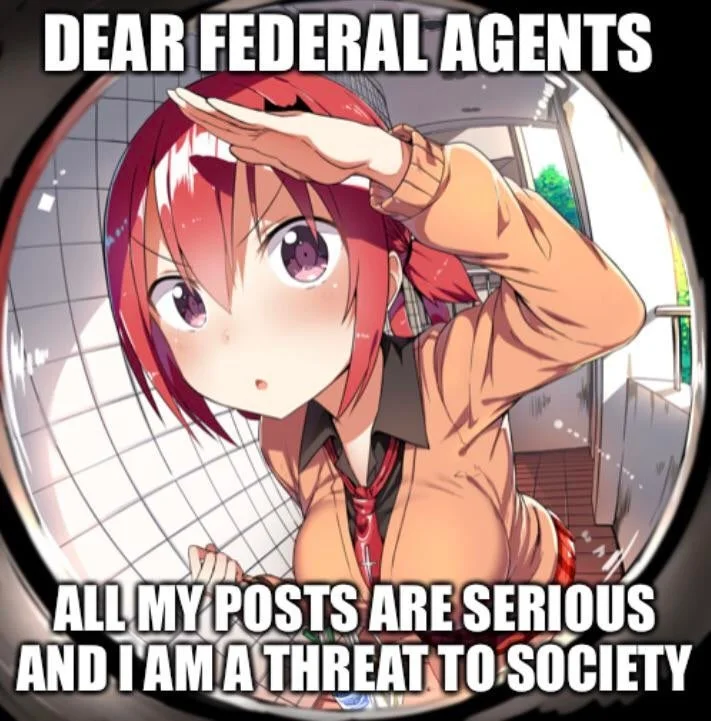Satania saluting through a fisheye lens with 'Dear Federal Agents' meme text