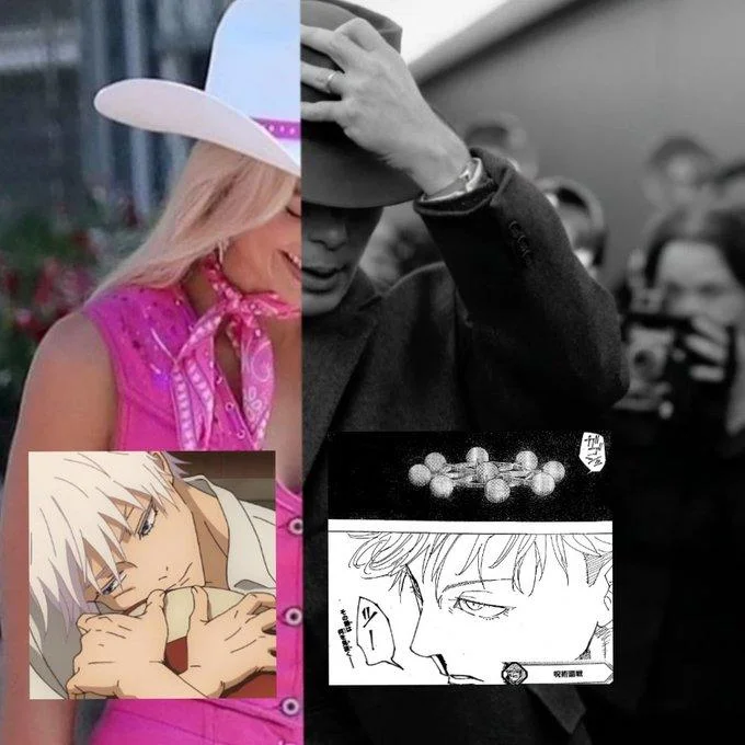 Satoru Gojo — Meme collage comparing Barbie and Ken scenes with Gojo and Geto in cowboy hats