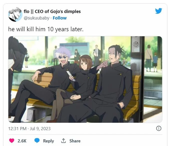 Satoru Gojo — Tweet showing anime scene of young Gojo, Riko and Geto on a bench with caption about future betrayal