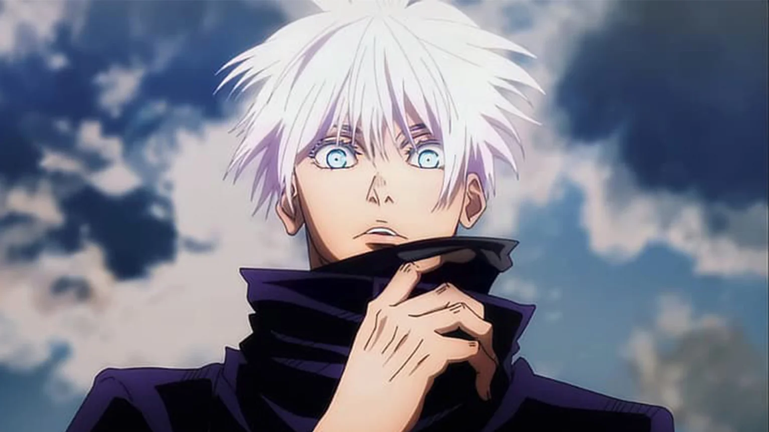 Satoru Gojo anime close-up with white hair and blue eyes against a cloudy sky