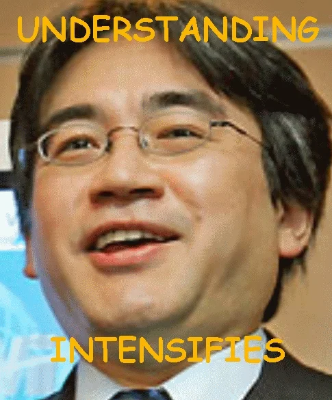 Satoru Iwata — Cartoon of Iwata in Ace Attorney style pointing with 'Please Understand' comic text.