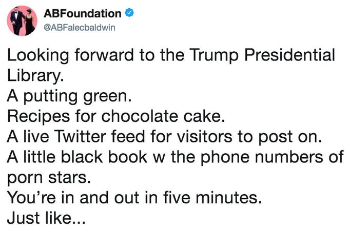 Saturday Night Live (SNL) — Screenshot of a Donald Trump tweet criticizing Alec Baldwin's SNL impression and praising Darrell Hammond