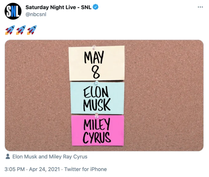 Saturday Night Lives Elon Musk Announcement Parodies — Twitter screenshot of official SNL announcement post with three-note meme template, SNL verification
