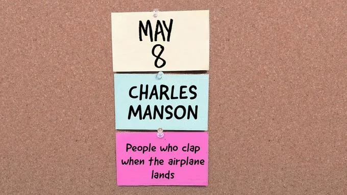 Saturday Night Lives Elon Musk Announcement Parodies — Dark humor meme with 'MAY 8', 'CHARLES MANSON', and 'People who clap when airplane lands' combining